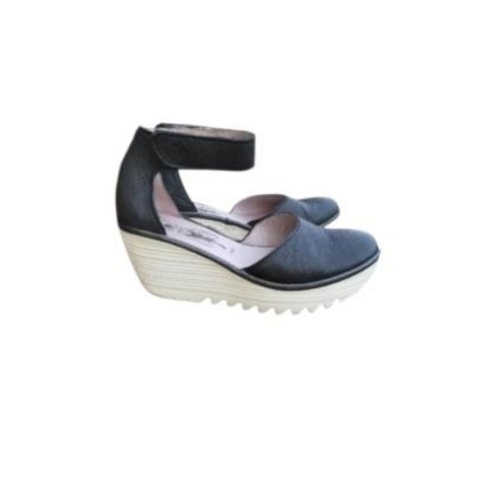 39 Fly London Yand Wedge Heel Mary Jane Black White Leather Summer Women 8 8.5